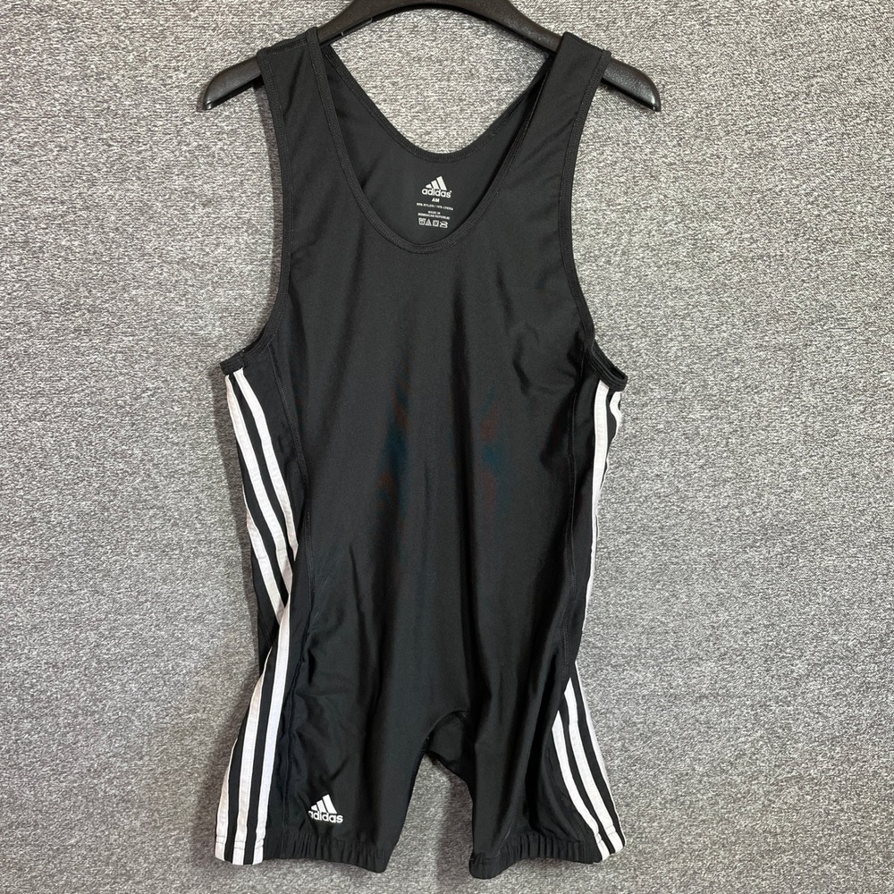 Adidas Mens Wrestling Singlet Black White 3 Stripe Nylon Lycra Size AM